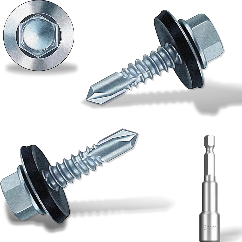 4.8X19 Mm Self-Drilling Roofing Screws, 250 Pcs Hex Head Self Tapping Screws, Hex Head Self-Drilling Roof Screws With Rubber Sealing Washer. With Hex 5001842246989