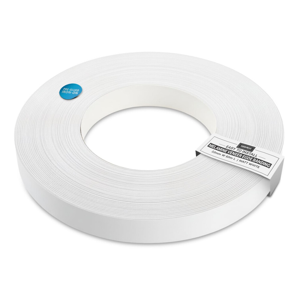 Woodpress 22Mm Matt White Melamine Pre-Glued Veneer Edging Tape Â 50M Trade Roll Â Iron-On Wood Application 5051226634307