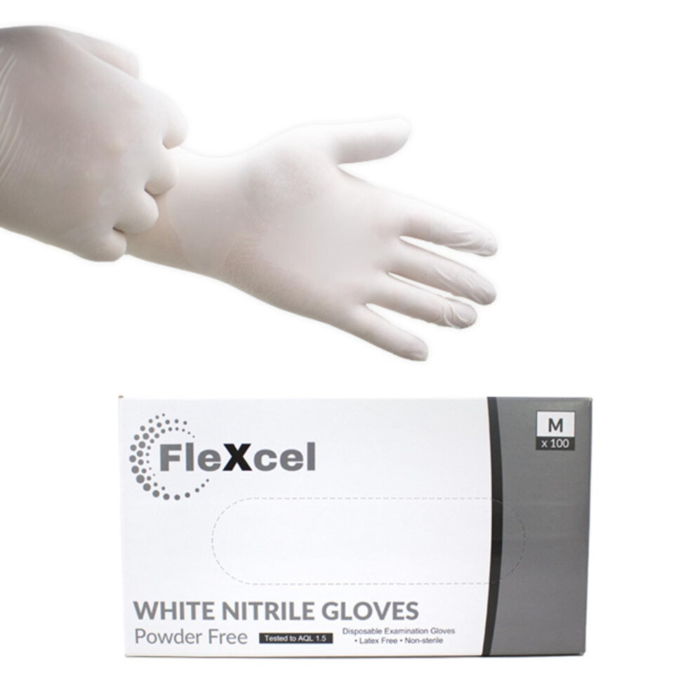 Flexcel White Nitrile Gloves (Box Of 100) Size Large - Multipurpose Powder Free, Latex Free, Medical Grade, Food Safe Examination Gloves 5051226630255