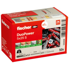 Fischer DuoPower 5 x 25 S, Powerful Universal Plug with Safety Screw, Intelligent 2-Component Technology for fastenings in Concrete, Bricks, Stone