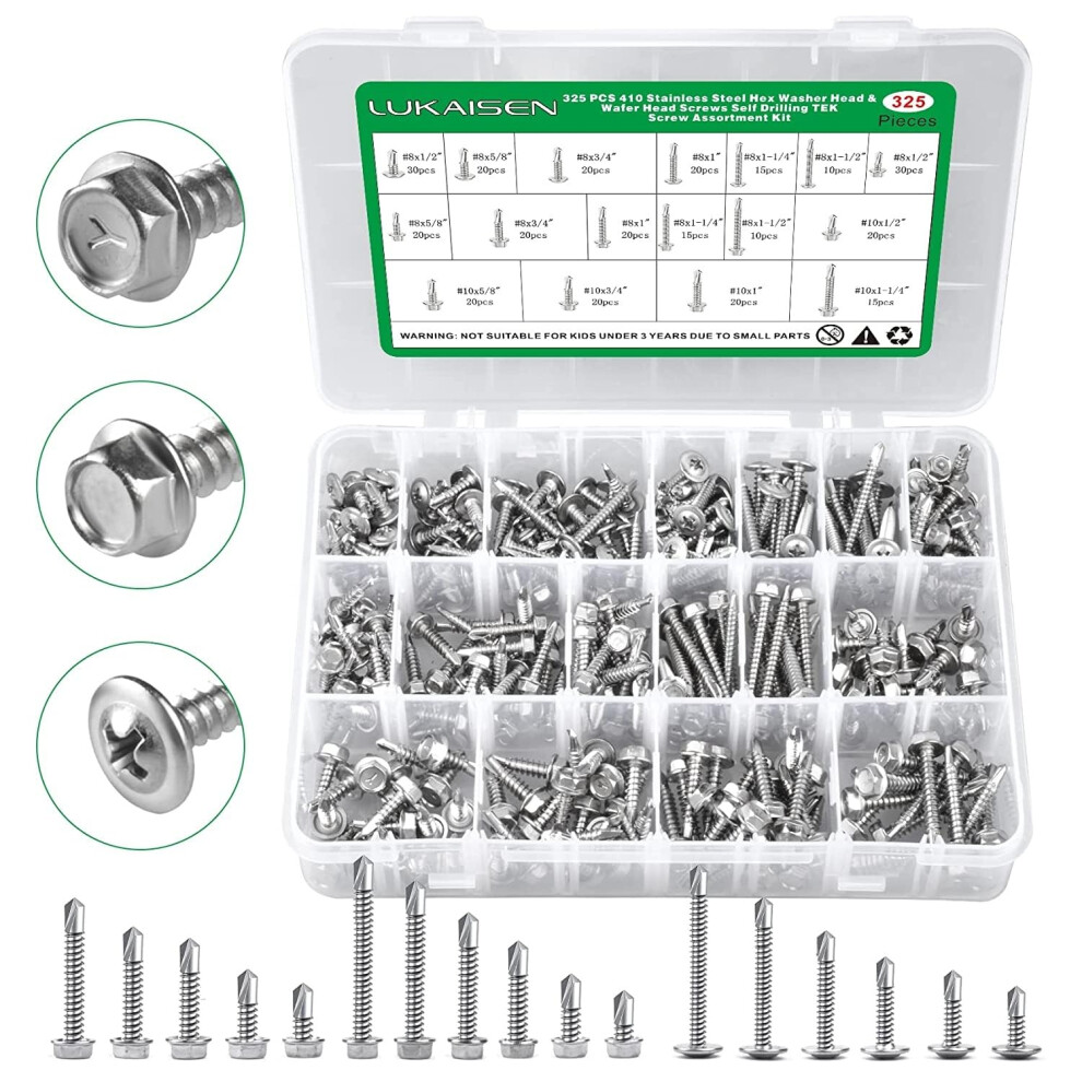 325Pcs Self Drilling Screws Assortment Kit, 410 Stainless Steel Self Tapping Sheet Metal Tek Screws For Metal, Truss & Hex Washer Head #8#10-1/2",5/8 5005470996216