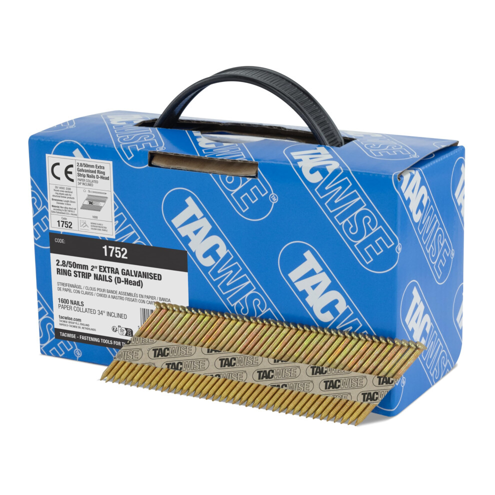 Tacwise 1752 Extra Galvanised Framing Nails 2.8 / 50 Mm, D Head, Ring Shank, 34 Inclined, Paper Collated, Pack Of 1600 5051226641244