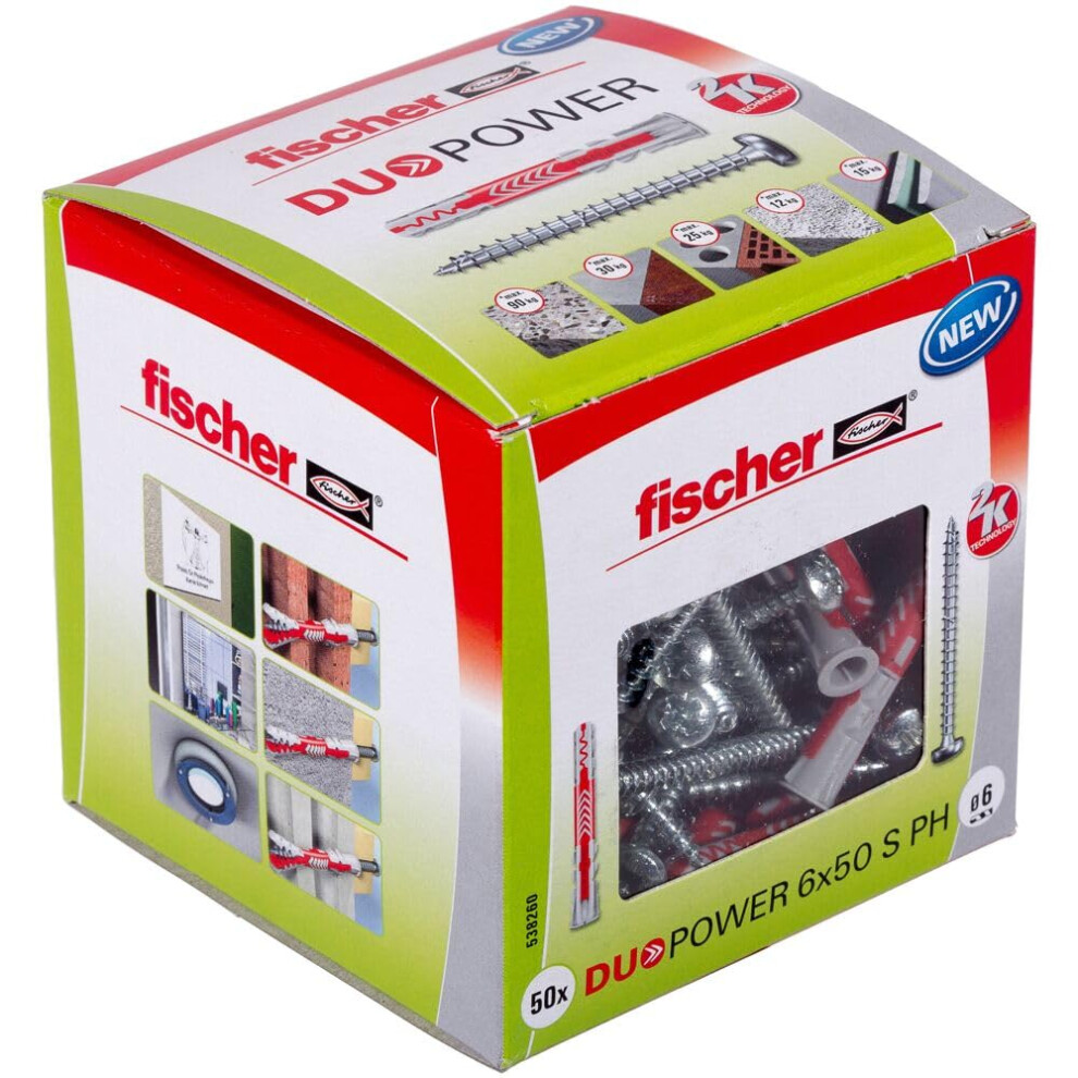Fischer Duopower 6 X 50 S Ph, Powerful Universal Plug With Panhead Screw, Intelligent 2-Component Technology For Fastenings In Concrete, Bricks