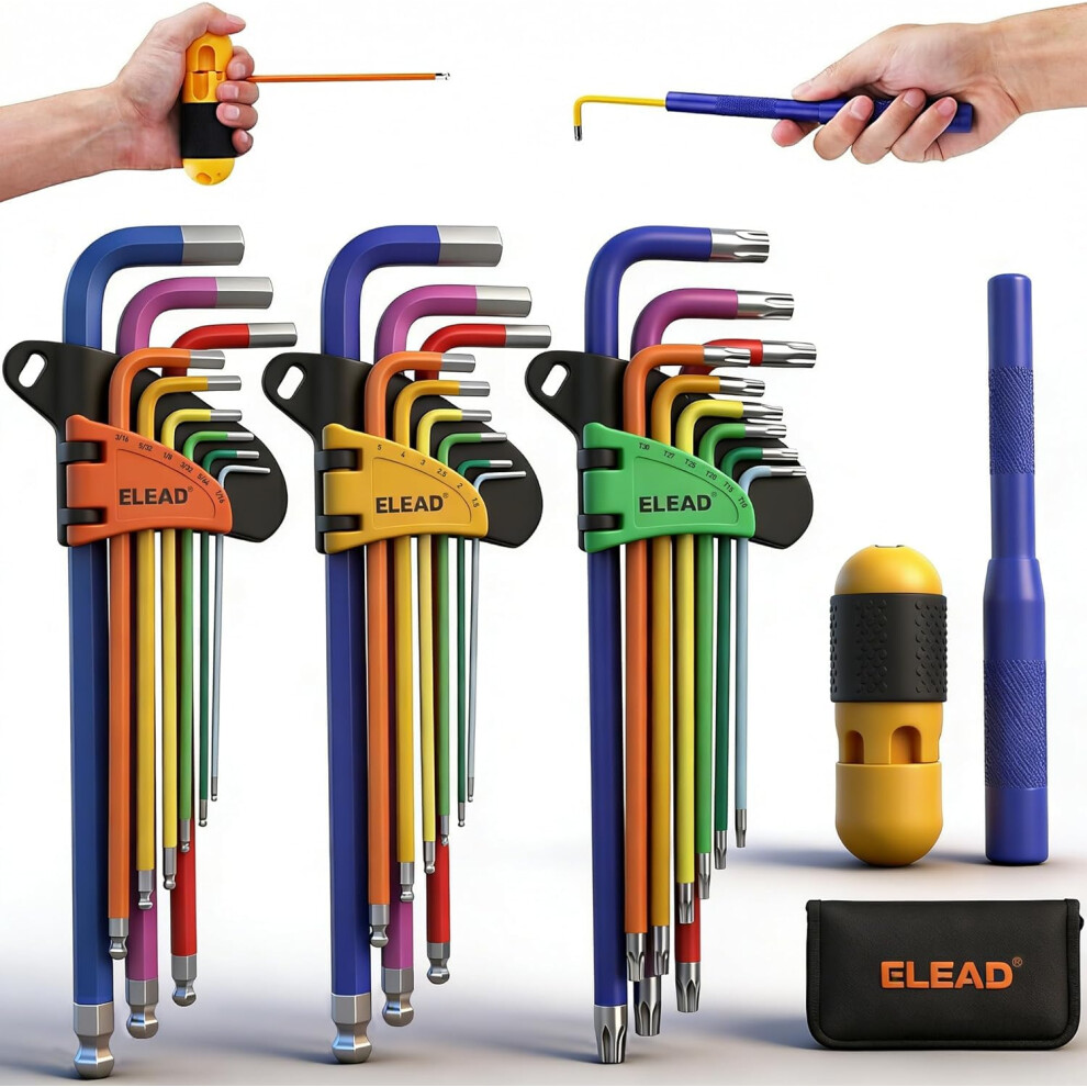 Elead New Model Hex Key Allen Spanner Set: 29-Piece Rainbow Colored Torx Hex Key Set, Long Arm Ball End 5051226610578