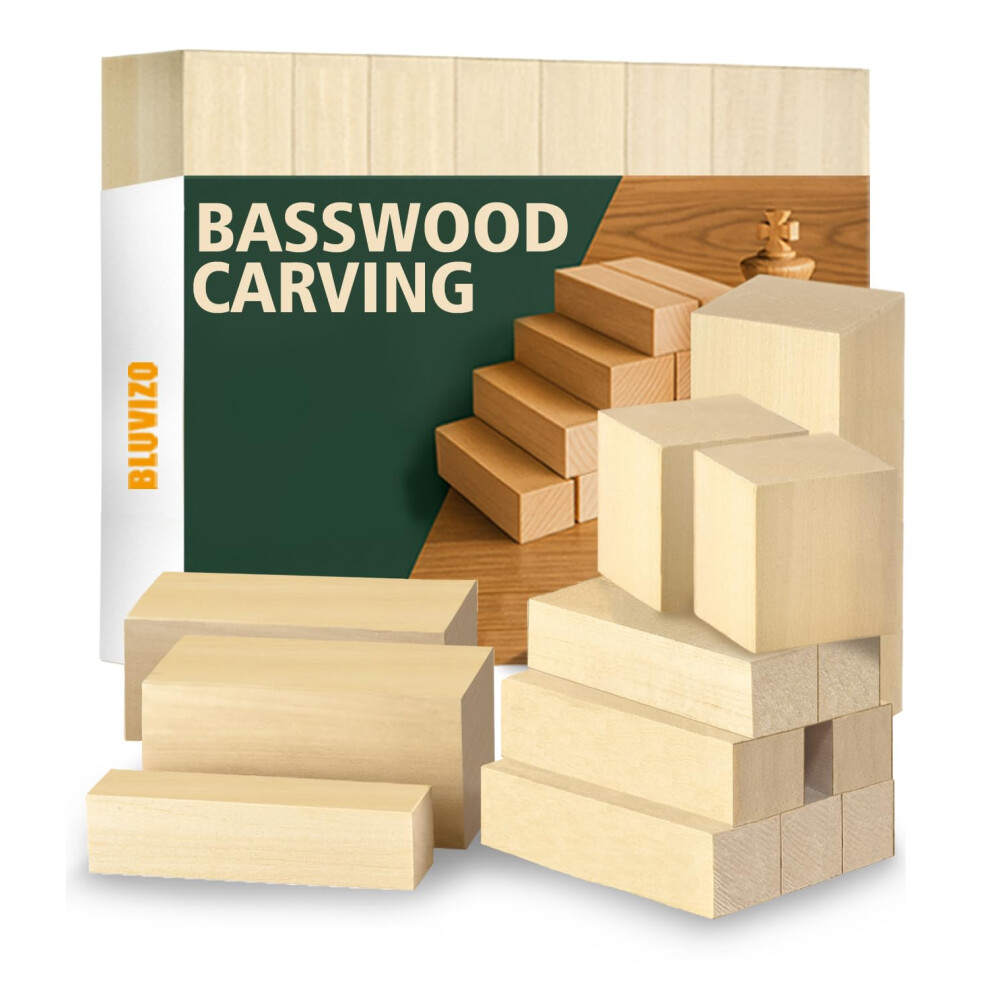 Bluvizo Basswood Woodworking Carving Blocks: 13 Pcs Unfinished Softwood Blocks Kit With Stickers In 3 Different Sizes 5051226631757