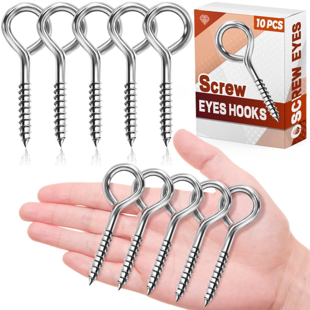 Ffwhkon 10 Pcs Eye Hooks Screw, 2.5 Inches Stainless Steel Heavy Duty Eye Bolts Screw In, Rust And Corrosion Resistant, Safe For Indoor And Outdoor U 8582419613726