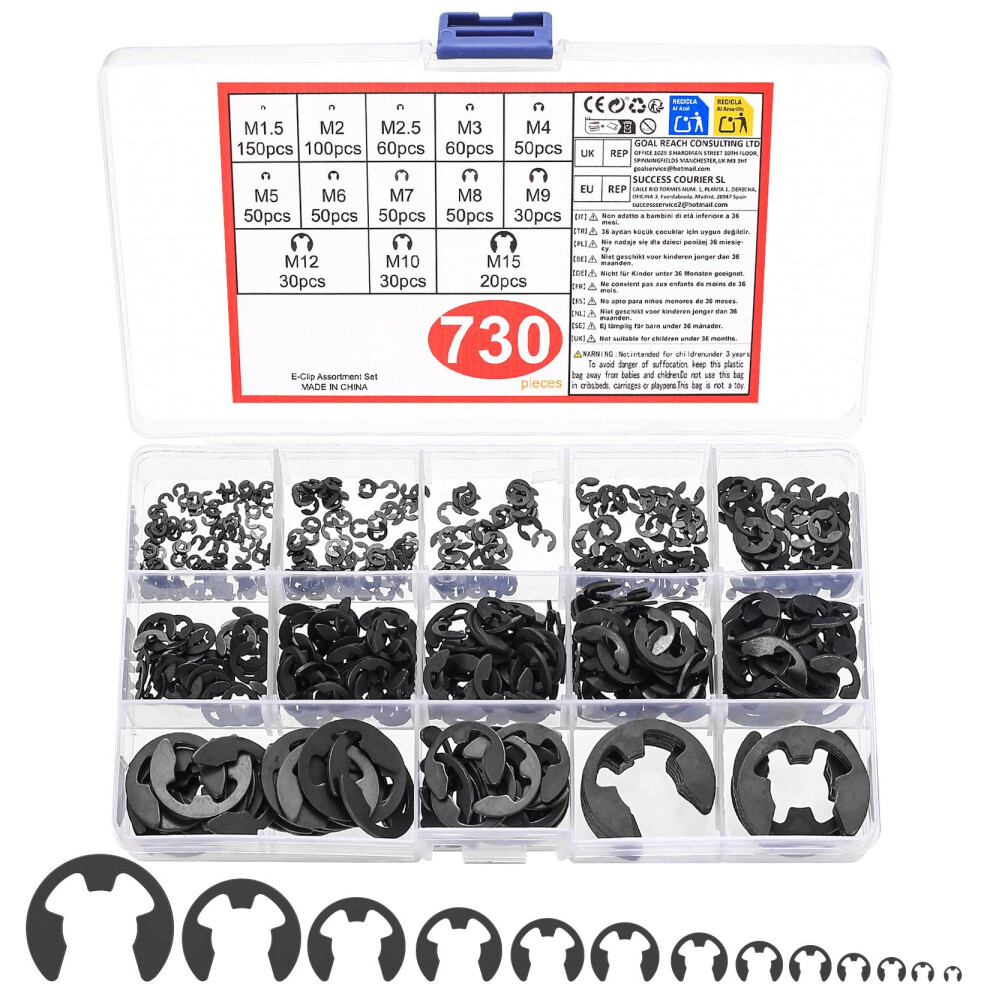 730 Pcs Circlips Assorted Sizes, External Retaining Rings Snap Circlip Washers, C Clip E Clip Circlip Assortment Kit 5051226612633
