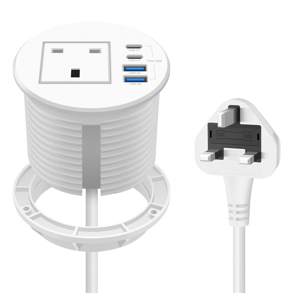 Recessed Power Socket With 1 Uk Plug, 20W Fast Charging Usb-C Port, Desk Power Grommet 80Mm, Seamless Flush Mount - Make Your Desktop Tidier 5051226631160
