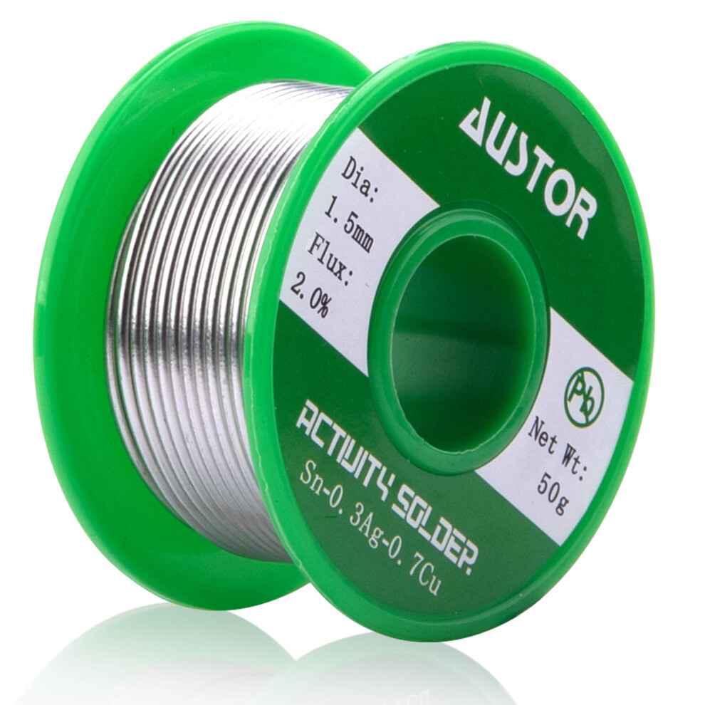 Austor 1.5Mm Lead Free Solder Wire With Rosin Core, Sn 99% Ag 0.3% Cu 0.7%, 50G 5051226635755