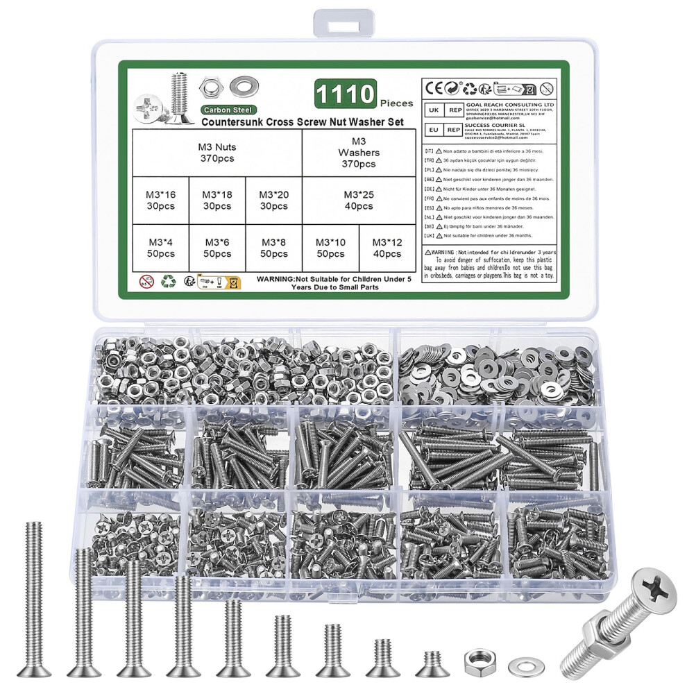 1110 Pcs M3 Screws Set, Countersunk Bolts And Nuts, Flat Head Machine Screw Nut And Bolt With Washers 5051226589348