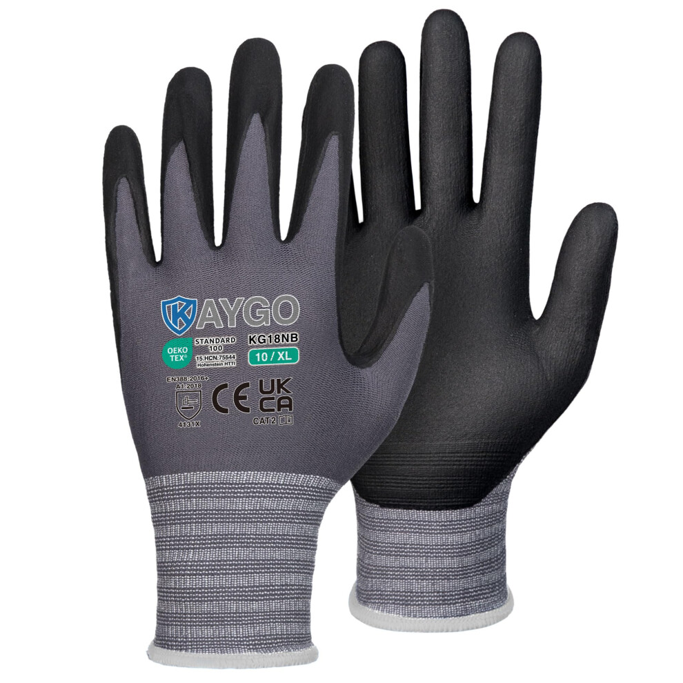 Kaygo 3 Pairs Safety Work Gloves Microfoam Nitrile Coated, Kg18n,Seamless Knit Nylon Glove With Black Micro-Foam Nitrile Grip,Ideal For General 5051226635526
