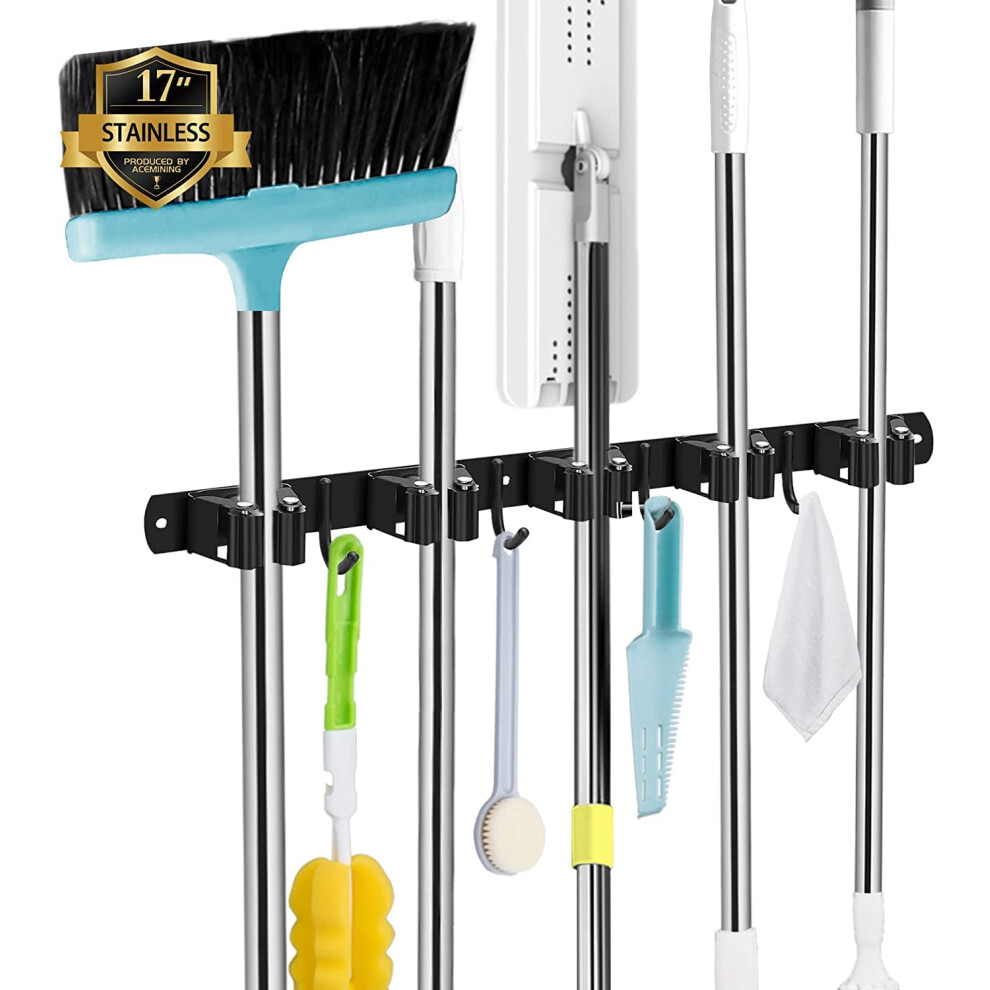 Acemining 5 Holders+4 Hooks Black Broom Holder Wall Mounted With Nails Installation, Heavy Duty Stainless Steel Mop Holder, Brush Mop And Broom Stora 5005073155294