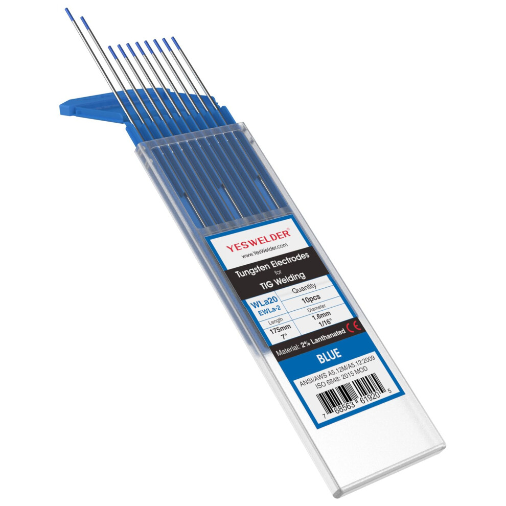 Yeswelder Tig Welding Tungsten Electrode 2% Lanthanated 1.6Mm X 175Mm (Blue, Wl20/Ewla-2) 10-Pk 5051226626777