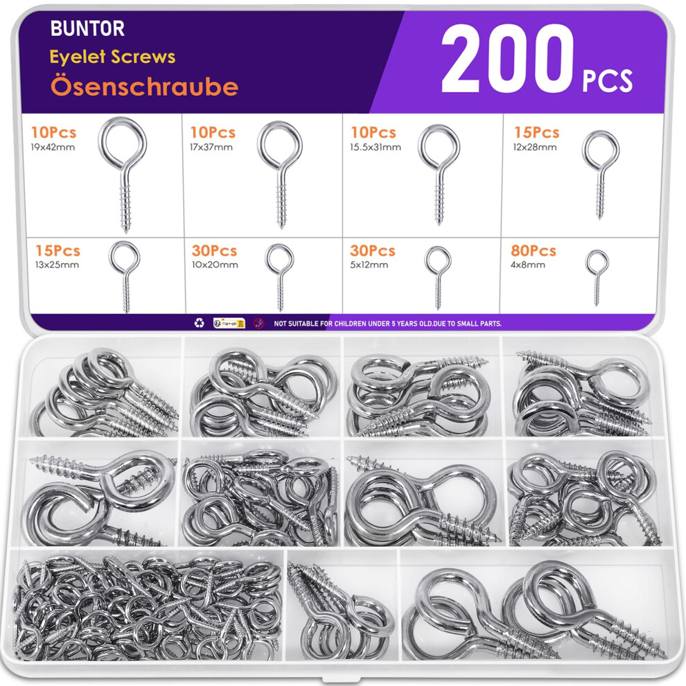Buntor Eyelet Screws 200Pcs, 8 Sizes Heavy Duty Screw In Eye, Metal Vine Eyes For Outdoor Garden, Screw Eyes For Climbing Plants Support 5004876844954