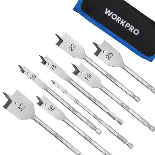 WORKPRO 8-Piece Spade Drill Bit Set, Carbon Steel Heavy Duty Flat Wood Drill Bit Set