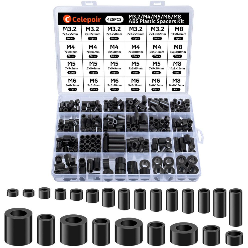 Celepoir 425 Pcs Abs Plastic Washers Spacers, 24 Sizes Black Plastic Spacers M8 M6 M5 M4 M3, Insulation Plastic Spacers 5051226592997