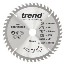 Trend Wood Circular Saw Blade, 165mm Diameter, 20mm Bore, 48 Teeth, 2.4mm Kerf, +5 Hook, TCT, Fine Finish, CSB/16548B