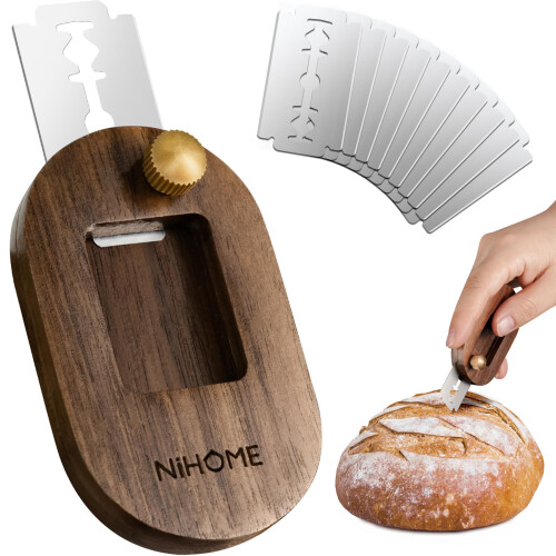 NiHome Bread Lame with Extractable Blade and Magnetic Back, Push-Pull Design for Secure Blade Locking, Easy-to-Use Walnut Wood Handle