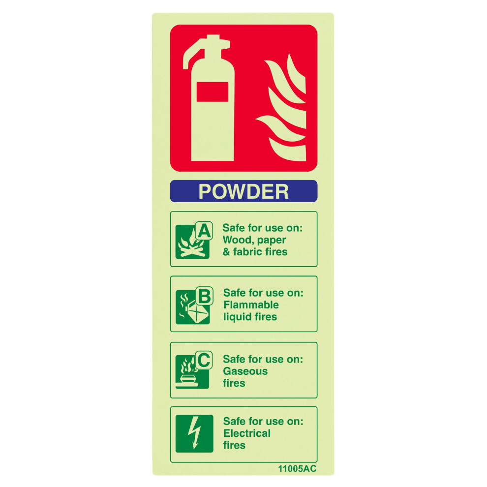 V Safety Glow In The Dark Powder Id Fire Extinguisher Sign - 75Mm X 200Mm - Rigid Plastic, Blue/Green/Red, 11005Ac-G 5051226614293