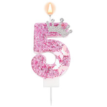 Pink Number Birthday Candle, 5th Fifth Five Glittery Crown Butterfly Sparkling Sequin Cake Topper Decorations for Birthday Party Wedding Anniversary