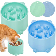 Raised Cat Bowl, 2 PCS Raised Slow Feeder Cat Bowls, Plastic Elevated Cat Slow Feeder Bowl with Anti Skid Mat for Neck Support