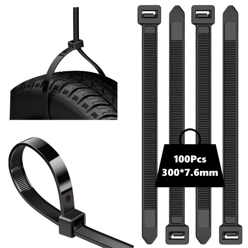 100Pcs Cable Ties Black, 300Mm X 7.6Mm, Heavy Duty Nylon Cable Ties With 55Kg Tensile Strength, Multi-Purpose Zip Tie Wraps For Indoor Outdoor Home O 5002960402905