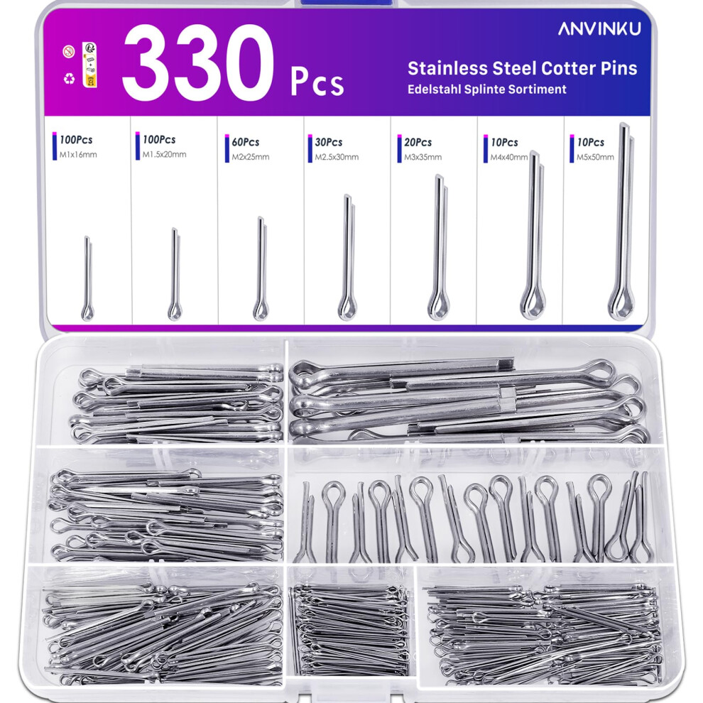 Anvinku 330Pcs Cotter Pins Assorted, 304 Stainless Steel Split Pins, 7 Sizes Cotter Pin Assortment Kit For Automotive, Mechanics, Marine Repair 5051226662164