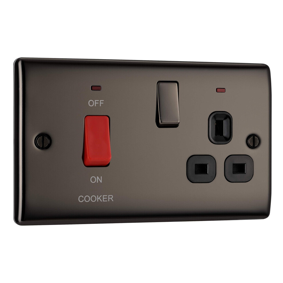 Bg Electrical Cooker Switch With Socket And Led, Cooker Control Unit, Control Socket, Double Pole, Raised Profile, Round Edges, Nexus Metal 5051226643477