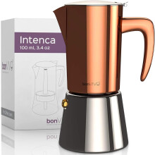 bonVIVO Moka Pot - 2 Cup Intenca Stainless Steel Espresso Maker w/Copper Finish - Stove Top Italian Coffee Maker - 100ml Cup Coffee Pot