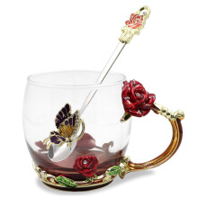 Qinhai Enamel Butterfly Flower Tea Cup Sets,Glass Coffee Mug,Mothers Day Gifts for Mum,Birthday Valentines Graduation Christmas for Women Wife Her