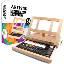 Artistik Mixed Media Easel Art Set – 34-Pc Wooden Desktop Easel Box Paint Set with Acrylic Paints, 3 Canvas Boards & Oil Pastels