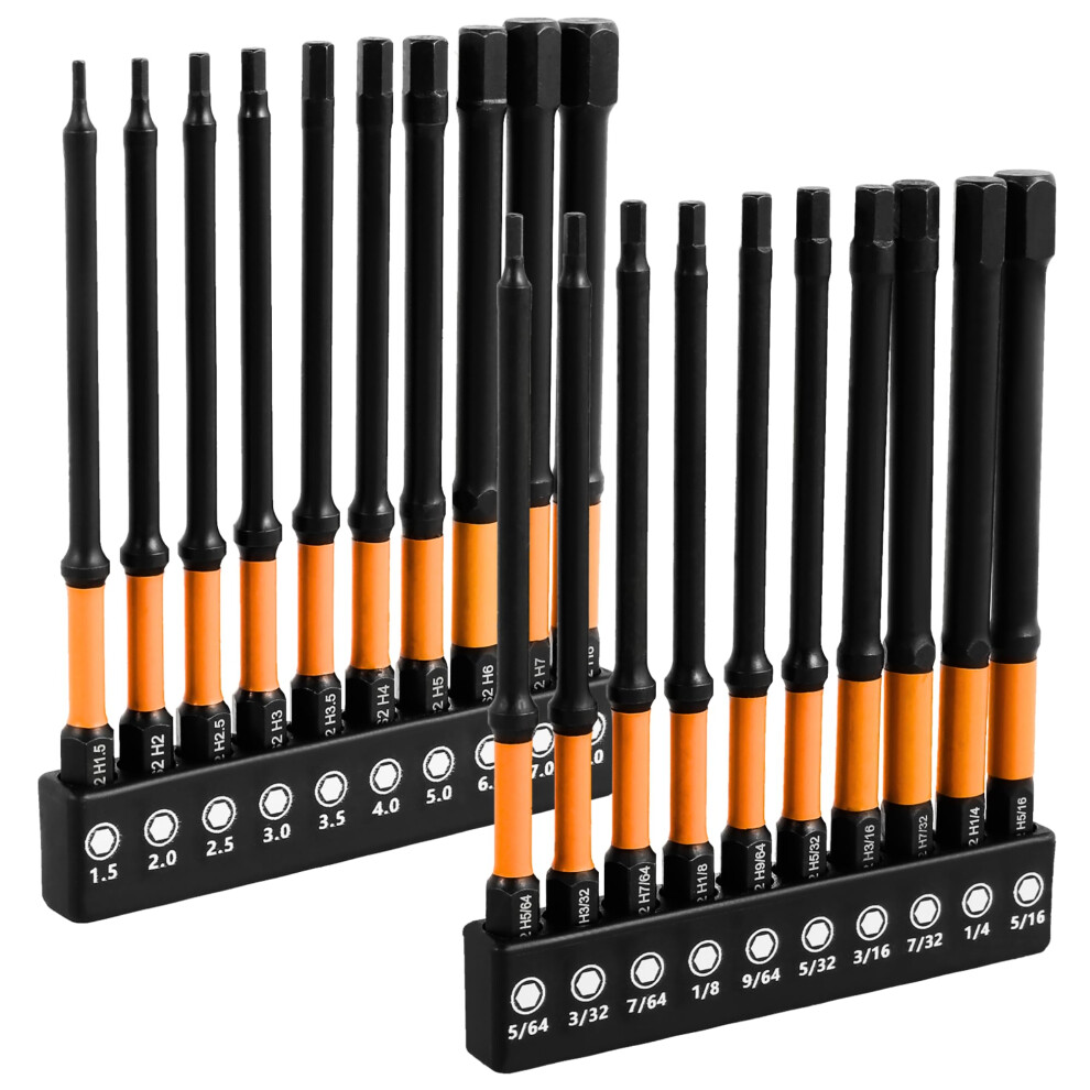 Hex Key Bit Set For Impact Drills 20Pcs (Sae & Metric), 1/4Â Hex-Shank S2 Steel, Sae Range From 5/64" To 5/16", Metric Range From 1.5Mm To 8Mm 5051226644832