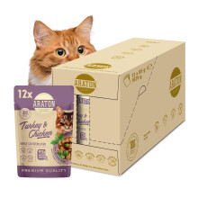 ARATON Wet Cat Food Pouches with Turkey & Chicken for Sterilised Adult Cats - Cat Food in Gravy with 76% Animal Ingredients, Taurine & Vitamins