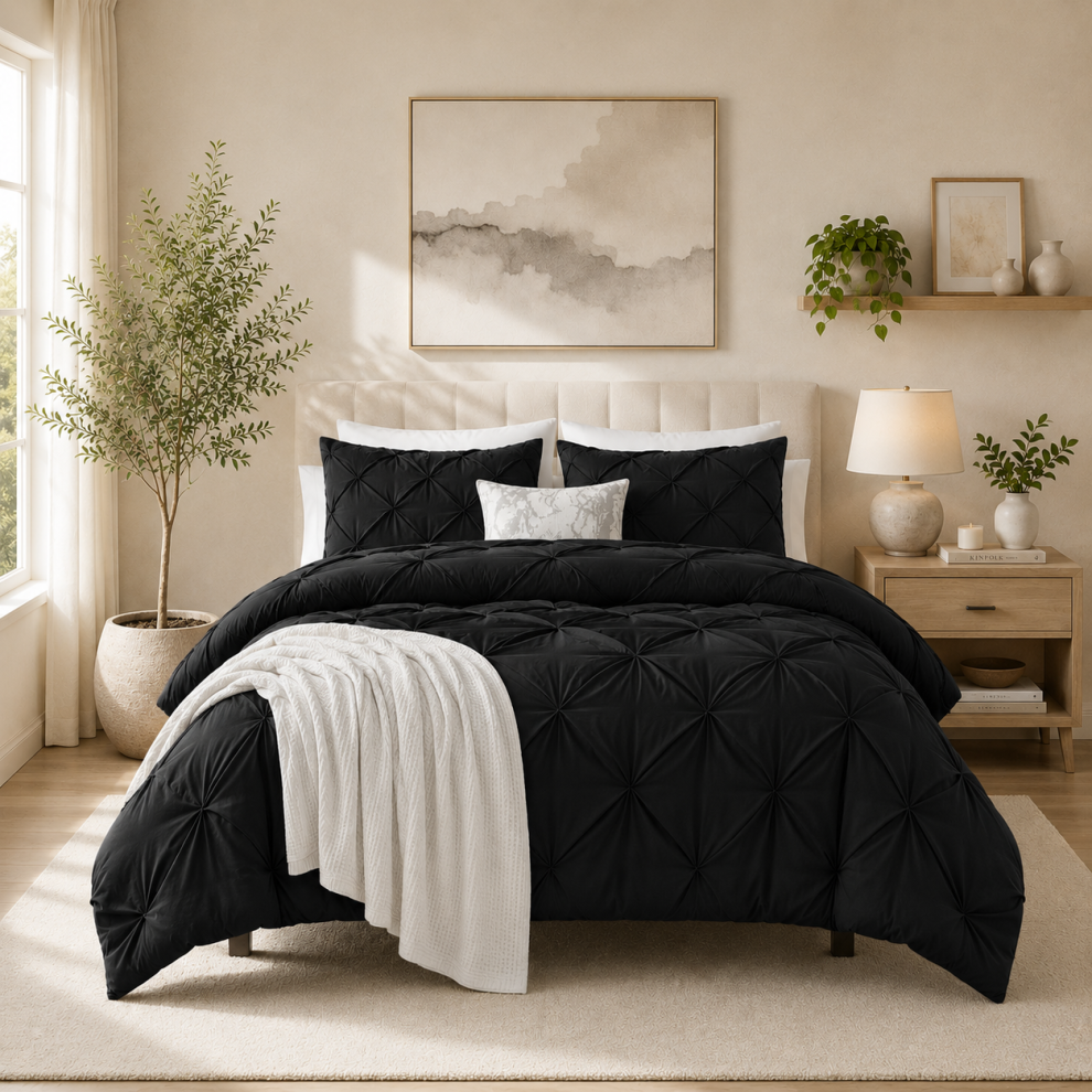 Imperial Rooms (Black/Charcoal, Double) Pintuck Duvet Cover Set-Luxury 3Pc Duvet Set With Matching Pillowcases