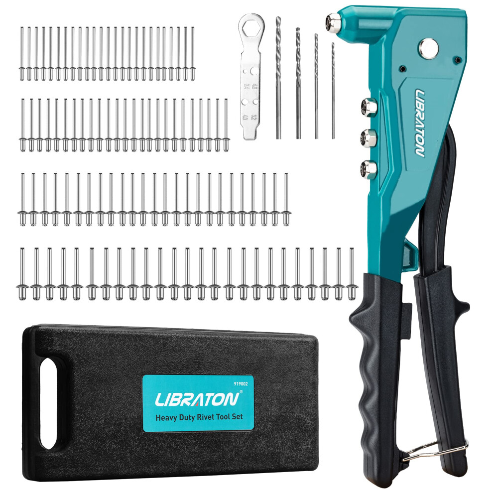Libraton Heavy Duty Rivet Gun, Pop Rivet Gun Set, Professional Hand Riveter, Manual Riveting Tool With 100Pcs Rivets And 4 Interchangeable Heads 5051226648601