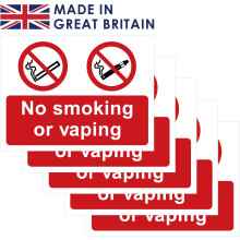 Pack of 5 self adhesive safety signs 135mm x 180mm - No smoking or vaping Regulation colours