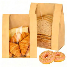 ZENFUN 100 Pack Reusable Paper Bread Bags with Stickers & Clear Window, Kraft Food Packaging Storage Bakery Bag Packaging for Homemade Bread, Cookies