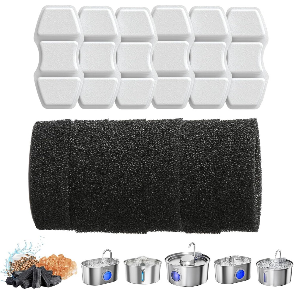 Invengo 12-Pack Cat Water Fountain Filters, 6 Filters + 6 Sponges, 5-Layer Filtration For Better Taste, Replacement For Cat Water Dispenser