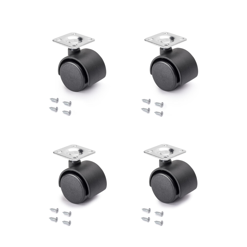 Emuca - Black Swivel Castors For Furniture Without Brake 30Mm Diameter With Fixing Plate And Ball Bearings, Pack Of 4 5051226644597