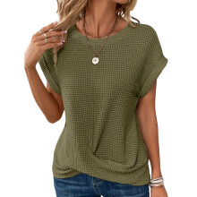 Women's Crew Neck Twist Front T Shirts Cap-olivegreen XXL