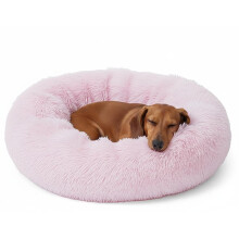Woof & Whiskers Donut Dog Bed Pink Small 50cm – Calming Plush Cuddler Bed for Puppies & Indoor Cats | Anti-Anxiety Pet Bed, Non-Slip Base, Soft, Mac