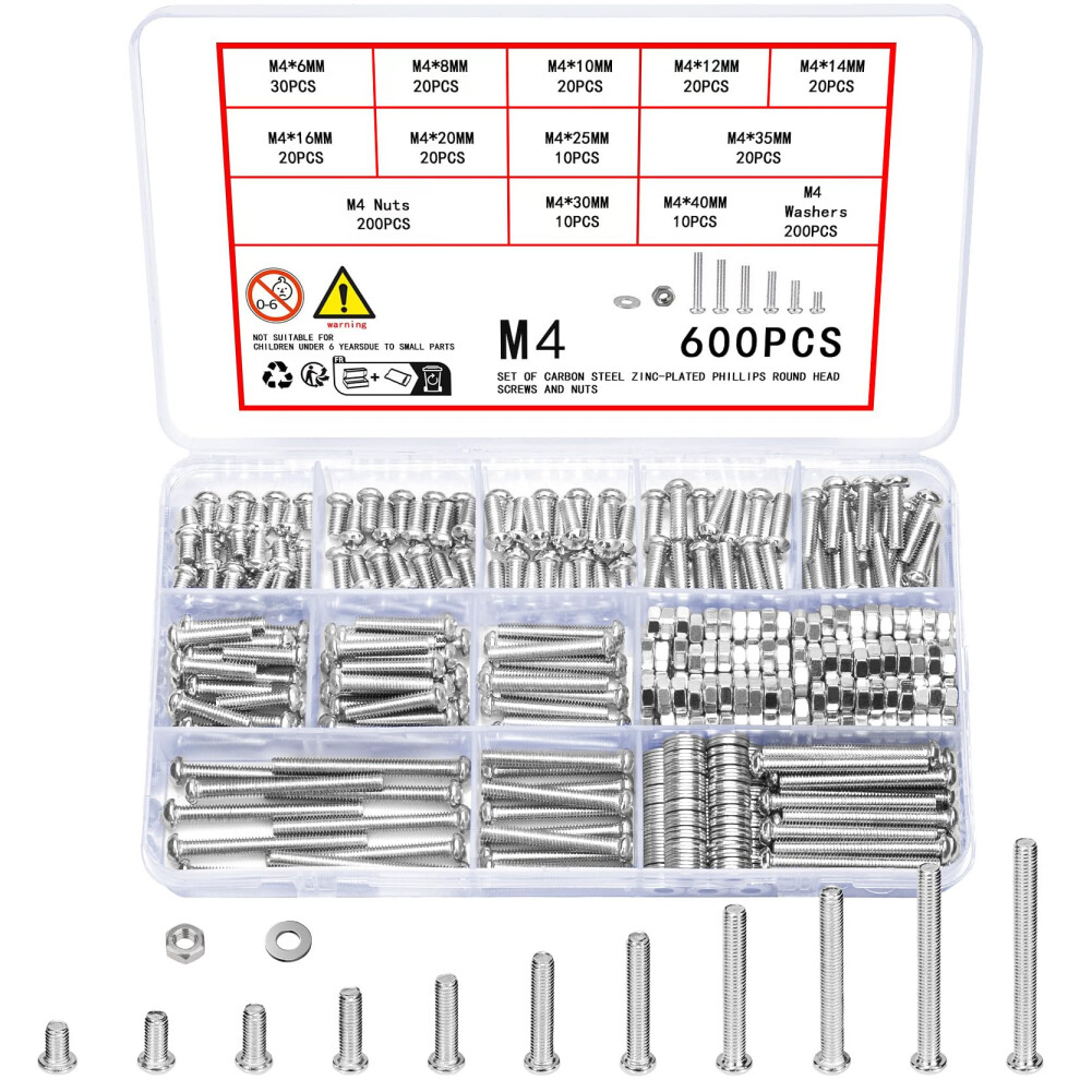 Vwoqiy 600 Pcs M4 Screws Set, Pan Head Machine Screws Bolts And Nuts And Washers Assortment Kit 5051226648946