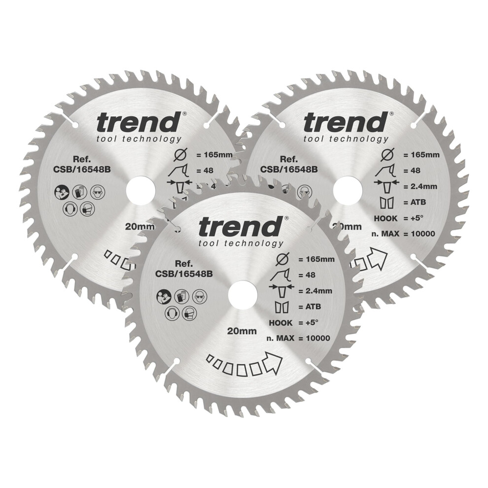 Trend Wood Circular Saw Blades, 165Mm Diameter, 20Mm Bore, 48 Teeth, 2.2Mm Kerf, +15 Hook, Tct, Fine Finish, 3 Pack, Csb/165/3Pk/A