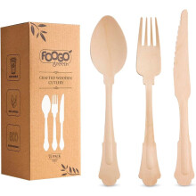 FOOGO Green 75pcs Elegant Disposable Wooden Cutlery Set, FSC Certified, 25x Forks 25x Spoons 25x Knives, 20cm