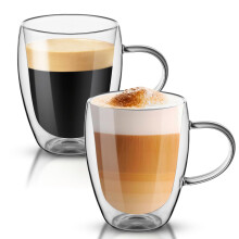 Dyserbuy 2 Pack Double Walled Glass Mug, Cappuccino Drinking Cups, Insulated Glass Coffee Cup with Handle, Perfect for Espresso, Latte, Espresso, Tea