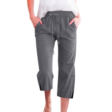Women's linen casual summer straight wide-leg loose-Dark Grey M