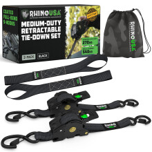 Rhino USA Retractable Ratchet Straps (2-Pack) - 2.5cm x 3m (540kg Break Strength) - Medium Duty Auto Self-Retracting Tie Down Straps for Truck