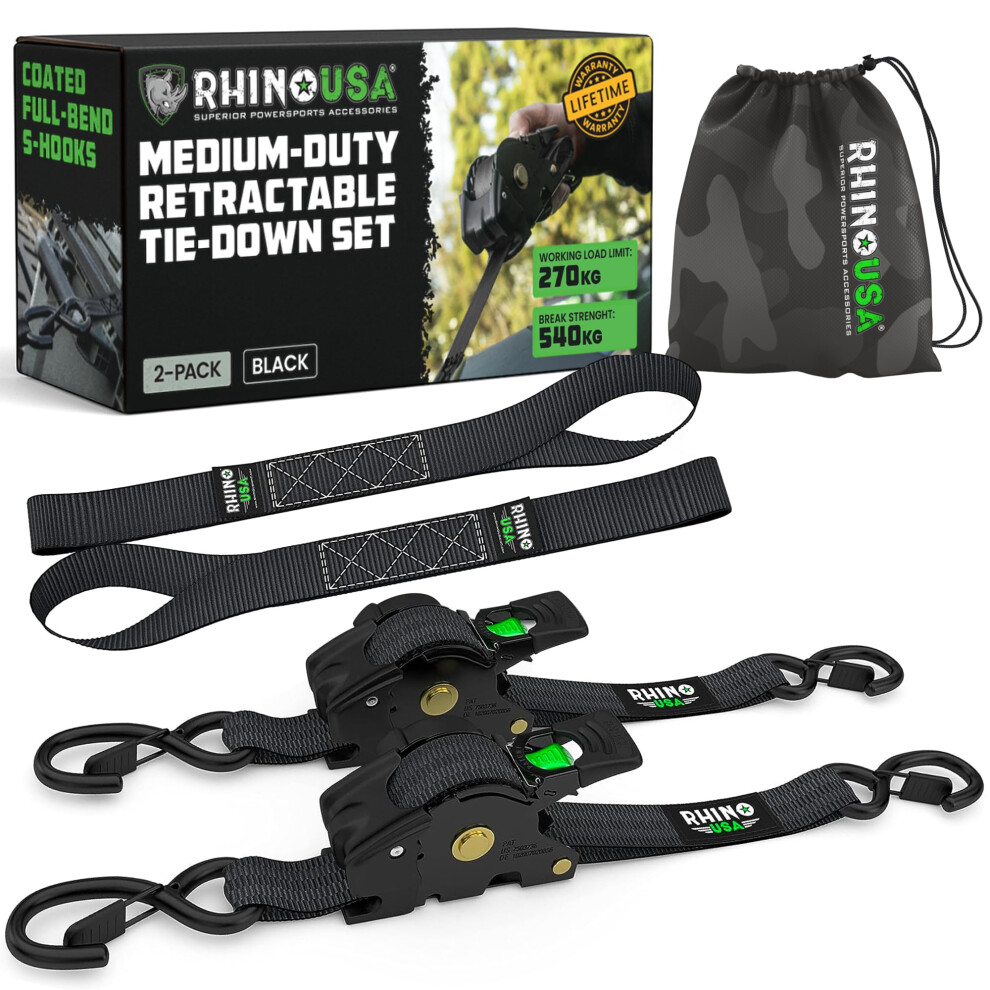 Rhino Usa Retractable Ratchet Straps (2-Pack) - 2.5Cm X 3M (540Kg Break Strength) - Heavy Duty Auto Self-Retracting Tie Down Straps For Truck 5051227929297