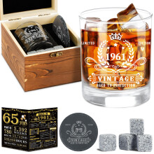 Amosking 65th Birthday Gifts for Men,Vintage 1961 Whiskey Glass Set,Wood Box & Whiskey Stones & 1961 Poster Anniversary Card & Coaster,Birthday Gifts