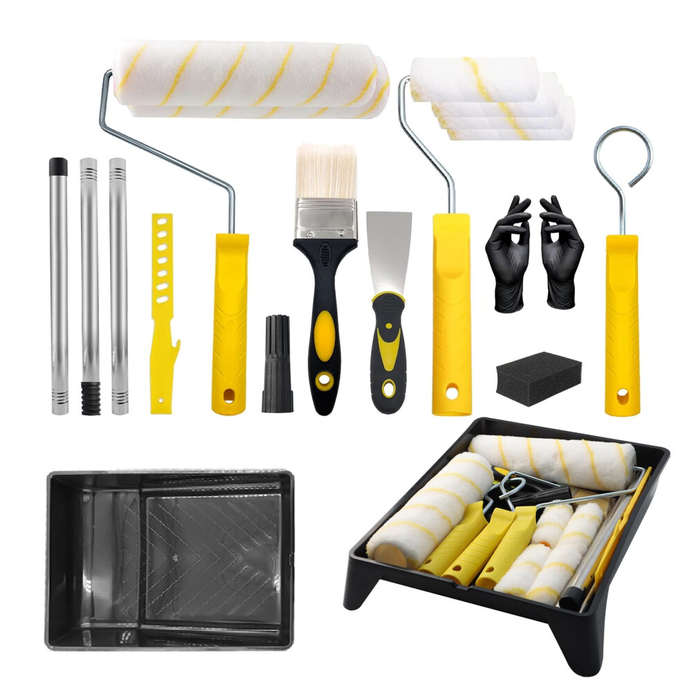Paint Roller Set - 19Pcs 9Â & 4Â Roller Sets For Painting With Stainless Steel Extension Pole, Paint Rollers And Trays Sets 5051226664229